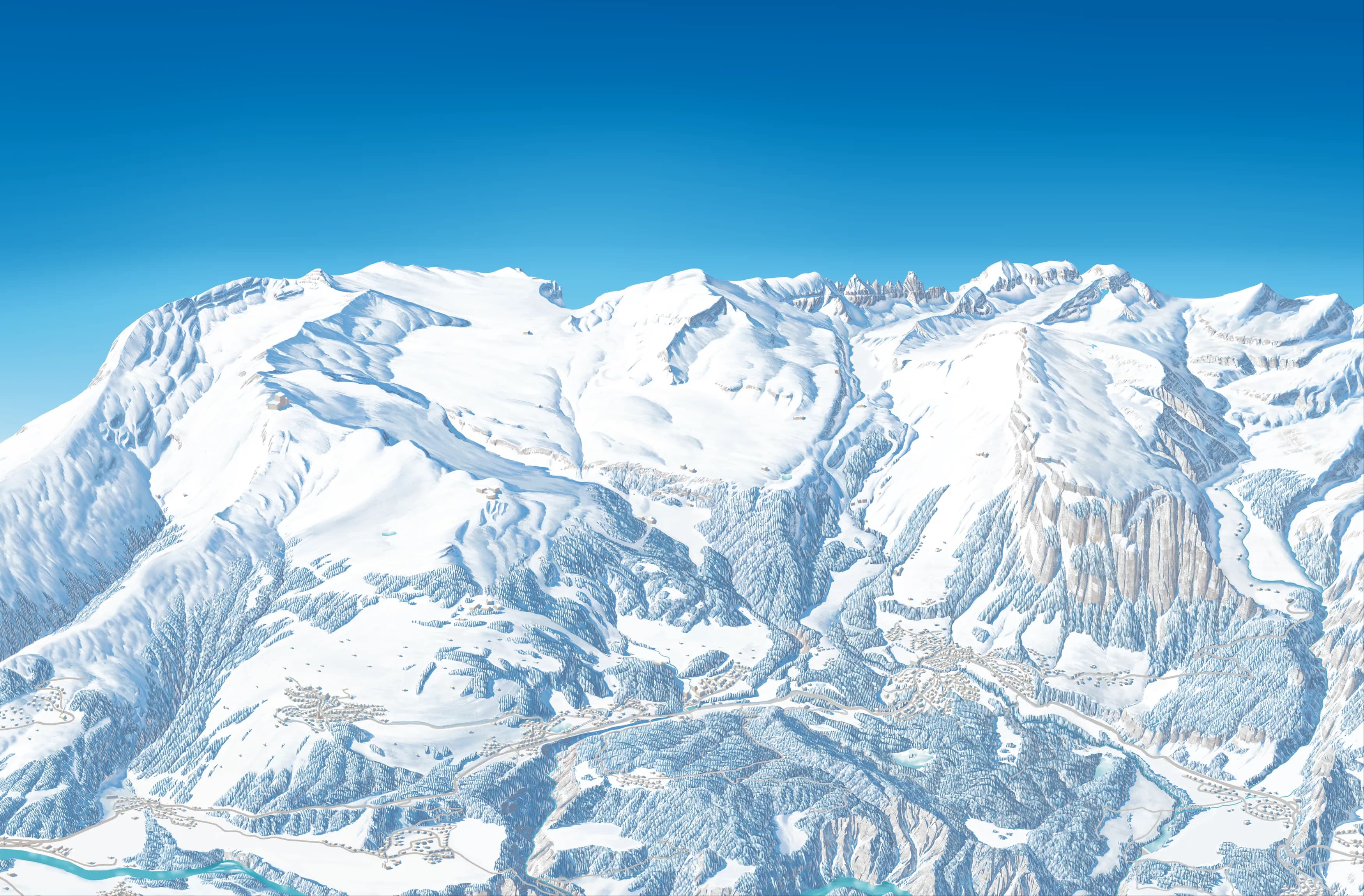 The illustrated mountains, forests and villages of LAAX in winter